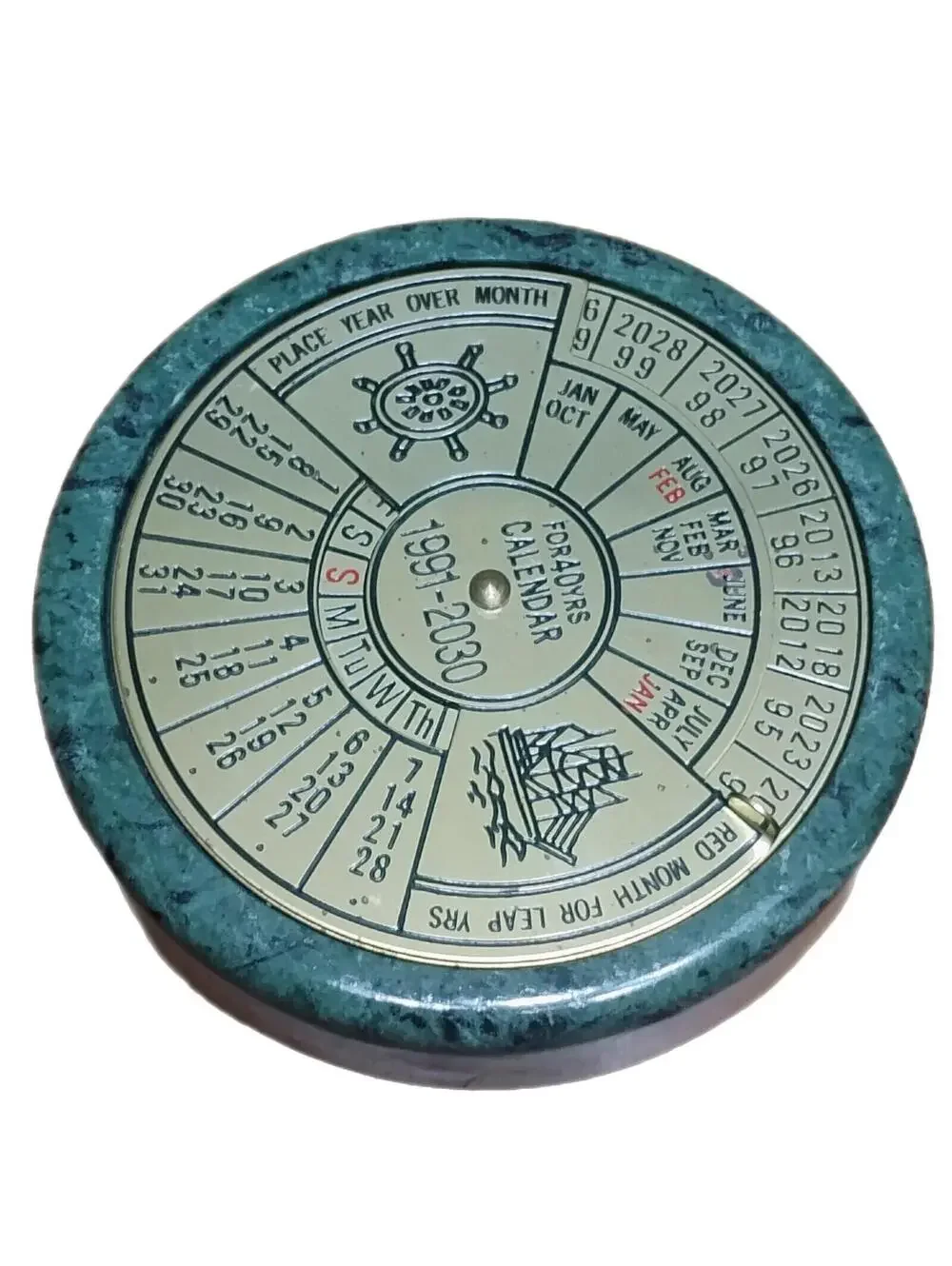 Vintage 19991-2030 Marble Brass 40 Year Perpetual Calendar Paper Weight Rare